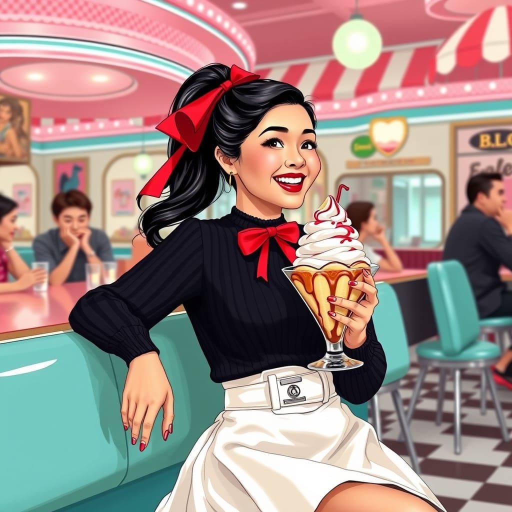 Thai American Woman in 1950s Diner, Mary Blair Style