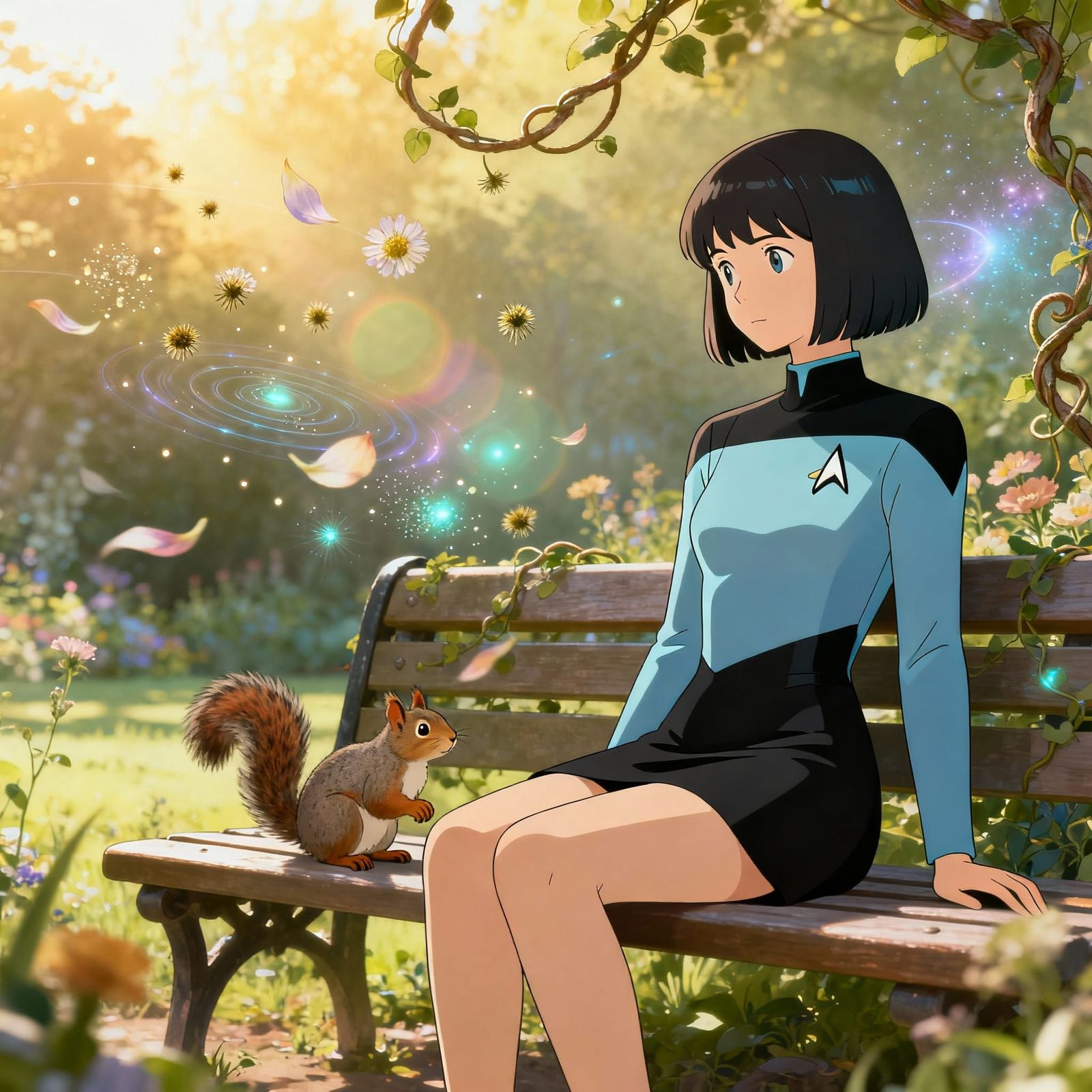 Loxy in Magical Garden, Starfleet Uniform on Park Bench