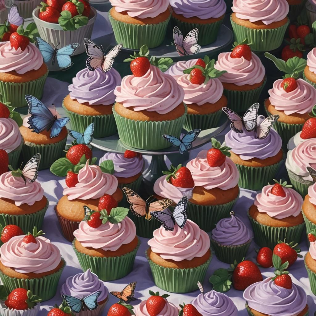 Pastel Cupcake with Butterflies and Strawberries