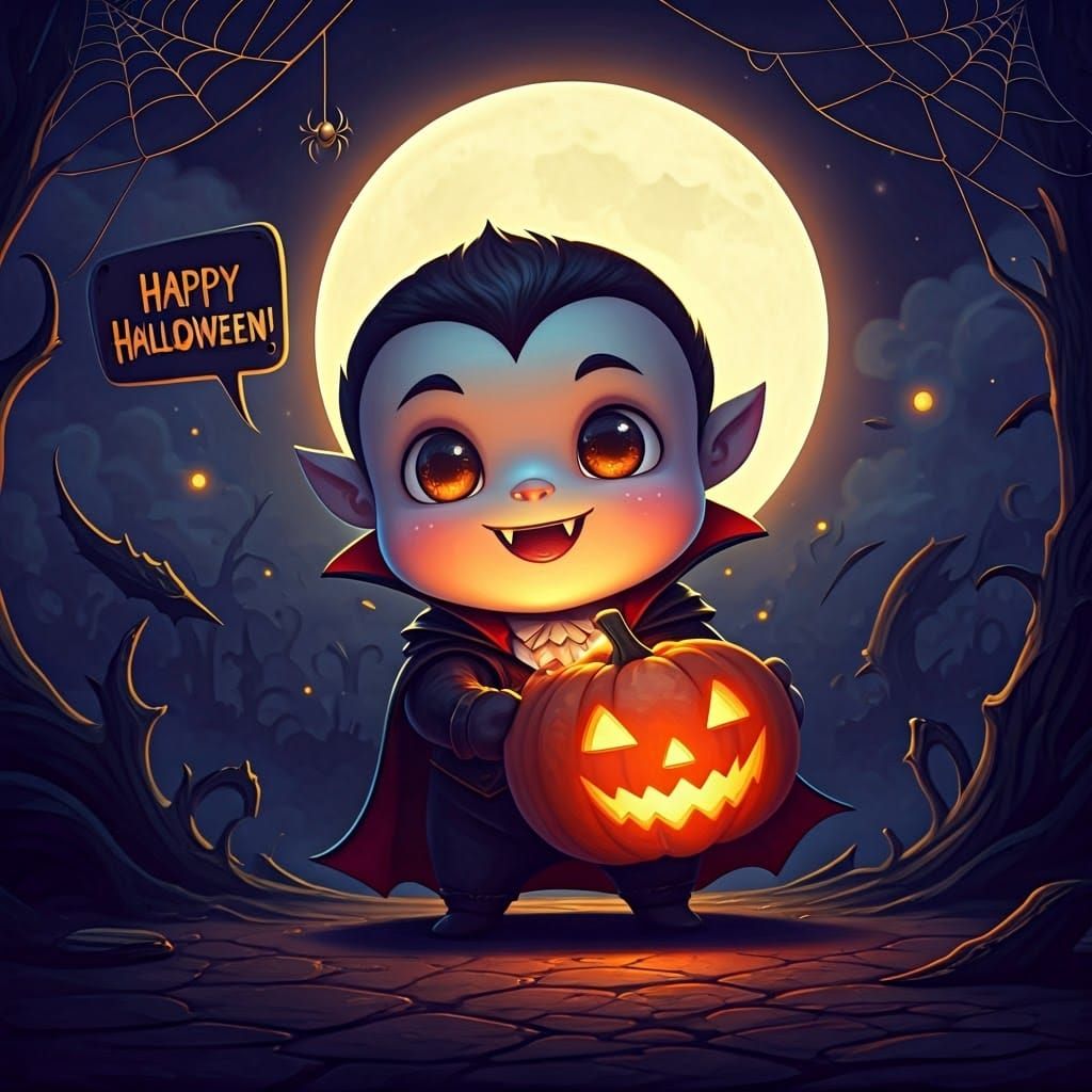 Adorable Vampire Celebrates Halloween Under Full Moon