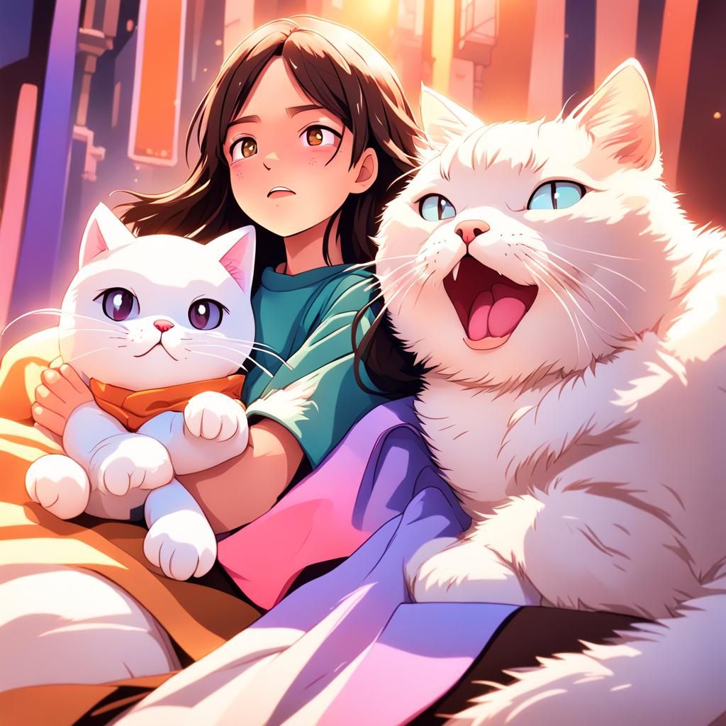 Manga Style Portrait of Woman with Cat Plushie