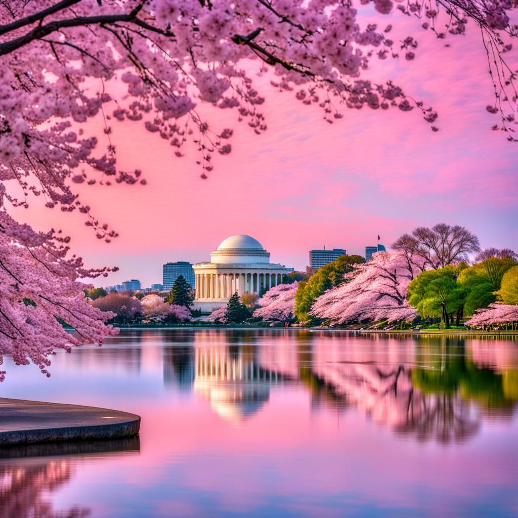 The beauty of cherry blossoms in full bloom surrounding the serene Tidal Basin in Washington, D.C.