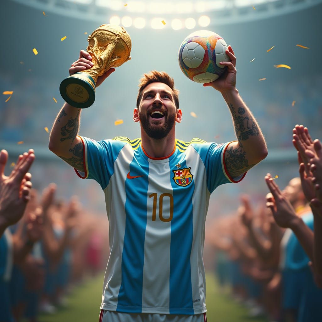 Lionel Messi Triumphantly Holds the FIFA World Cup Trophy