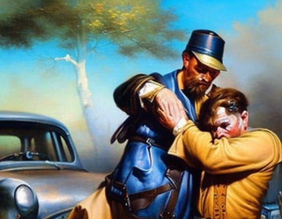 Good Samaritan Helping Stranger: Oil Painting