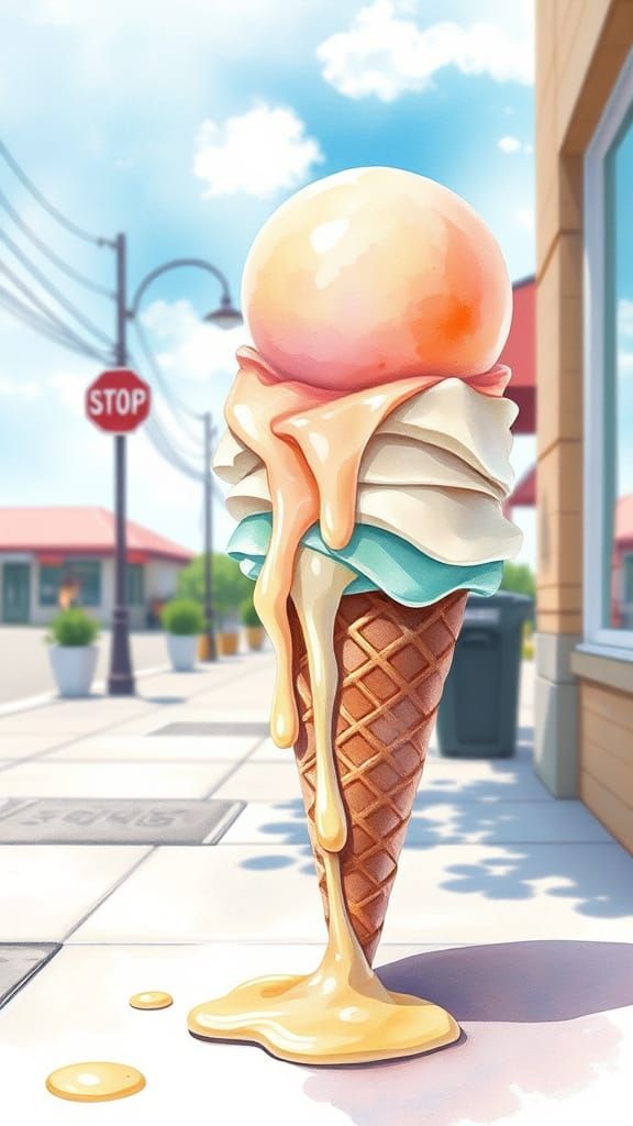Melting Ice Cream Cone Watercolor Art