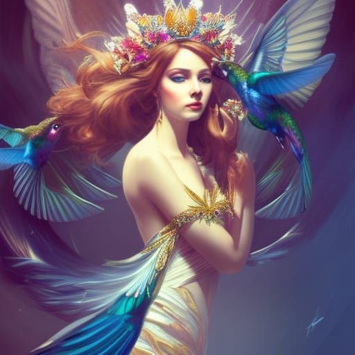 Exotic Hummingbird Princess Portrait in Art Nouveau Style