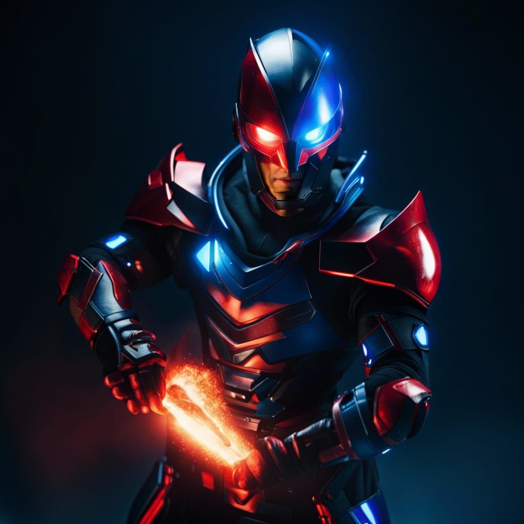 Futuristic Superhero with Fire and Ice Powers