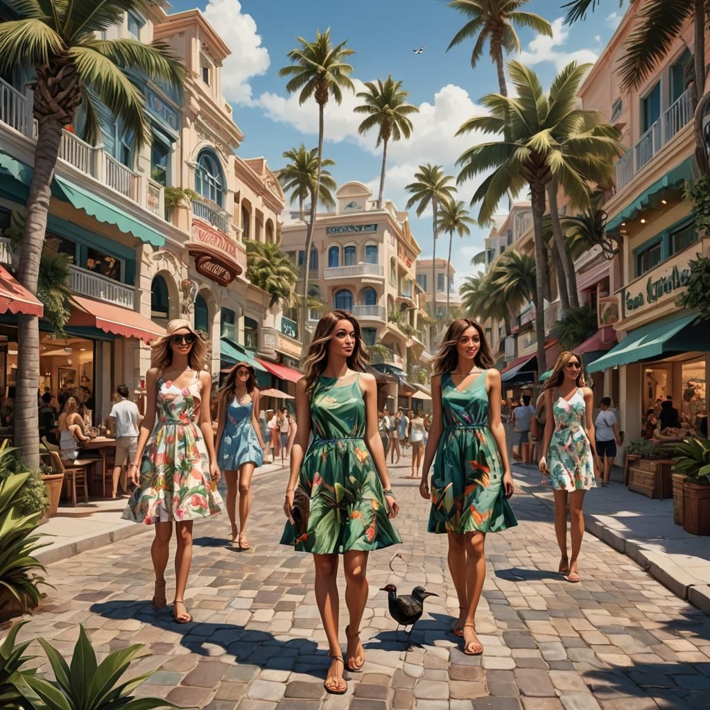 Coastal Shopping Area with Women in Summer Dresses