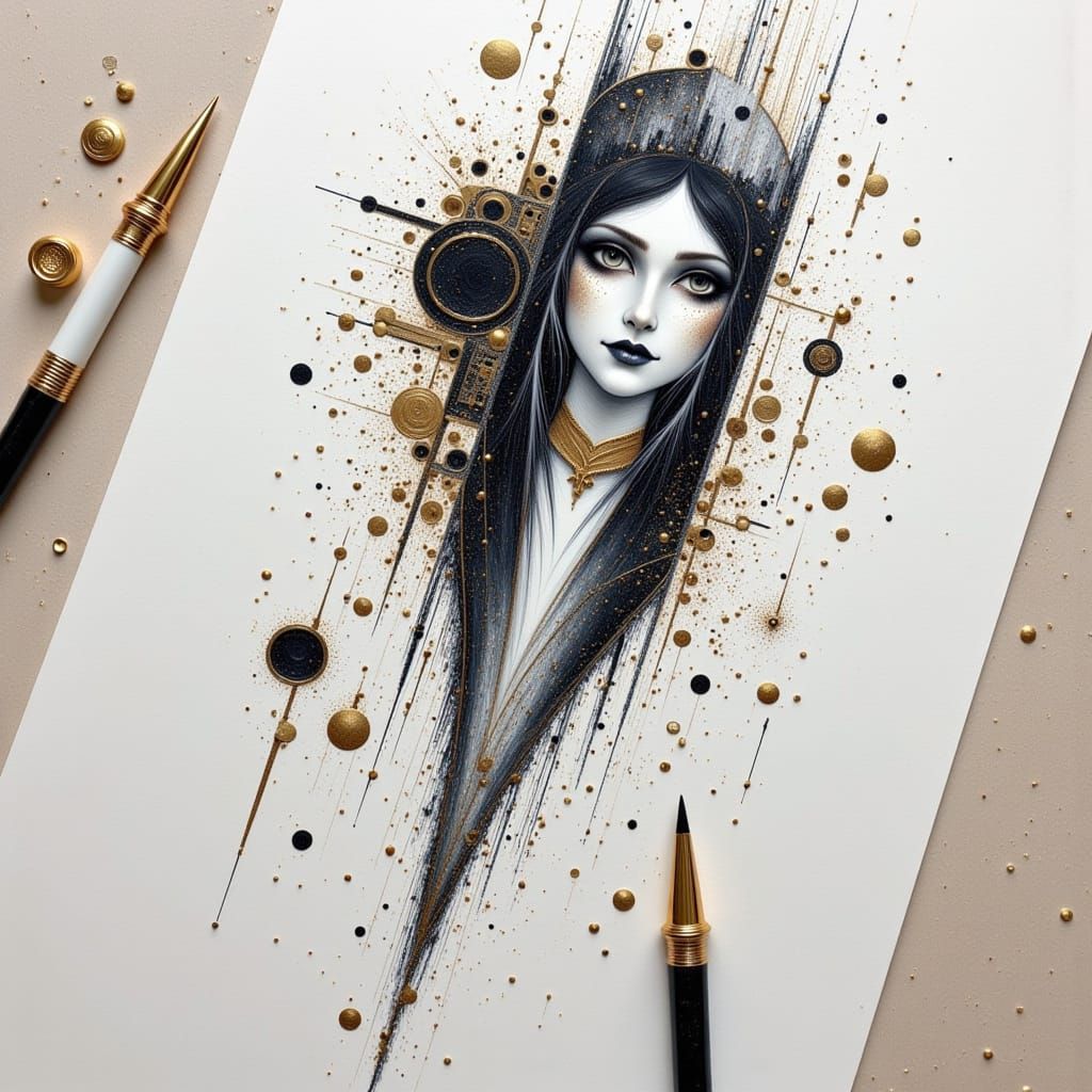 Goth Queen Ink Sketch with Geometric Textures