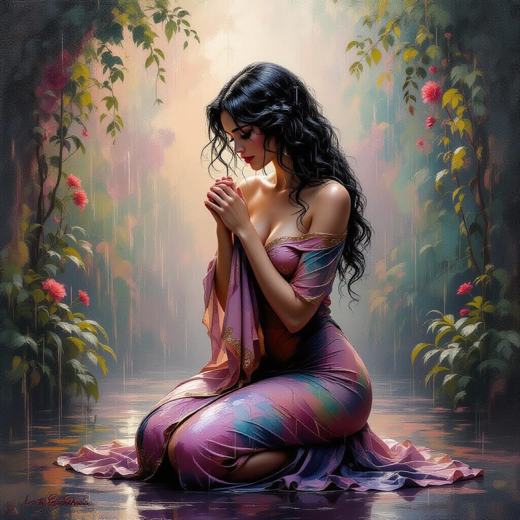 A stunning textured impasto painting showcases a captivating...