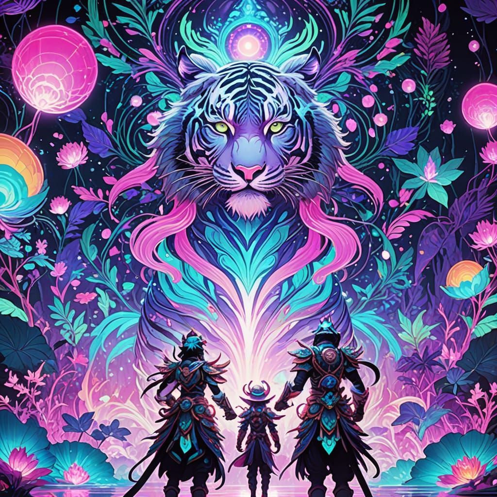 Surreal Tiger Goddess Reigns Over Vibrant, Dreamlike Forest...