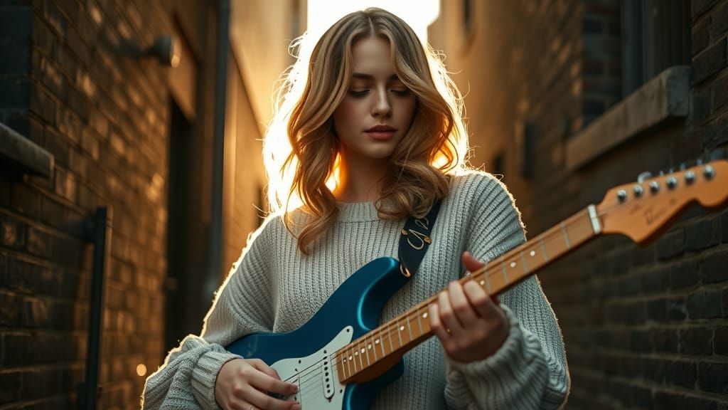 Blonde Woman Playing Guitar in Golden Light
