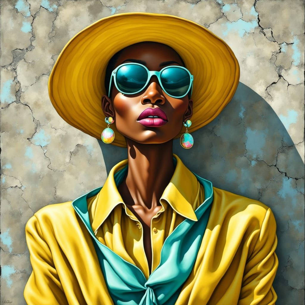Elegant Black Woman in Bright Yellow and Turquoise Fashion