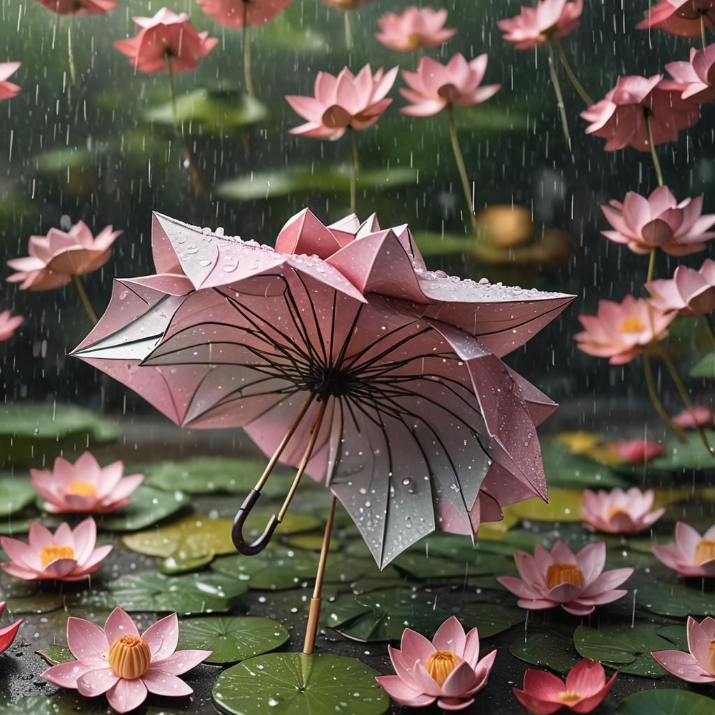 Origami Lotus Blooms Under Rainy Umbrella