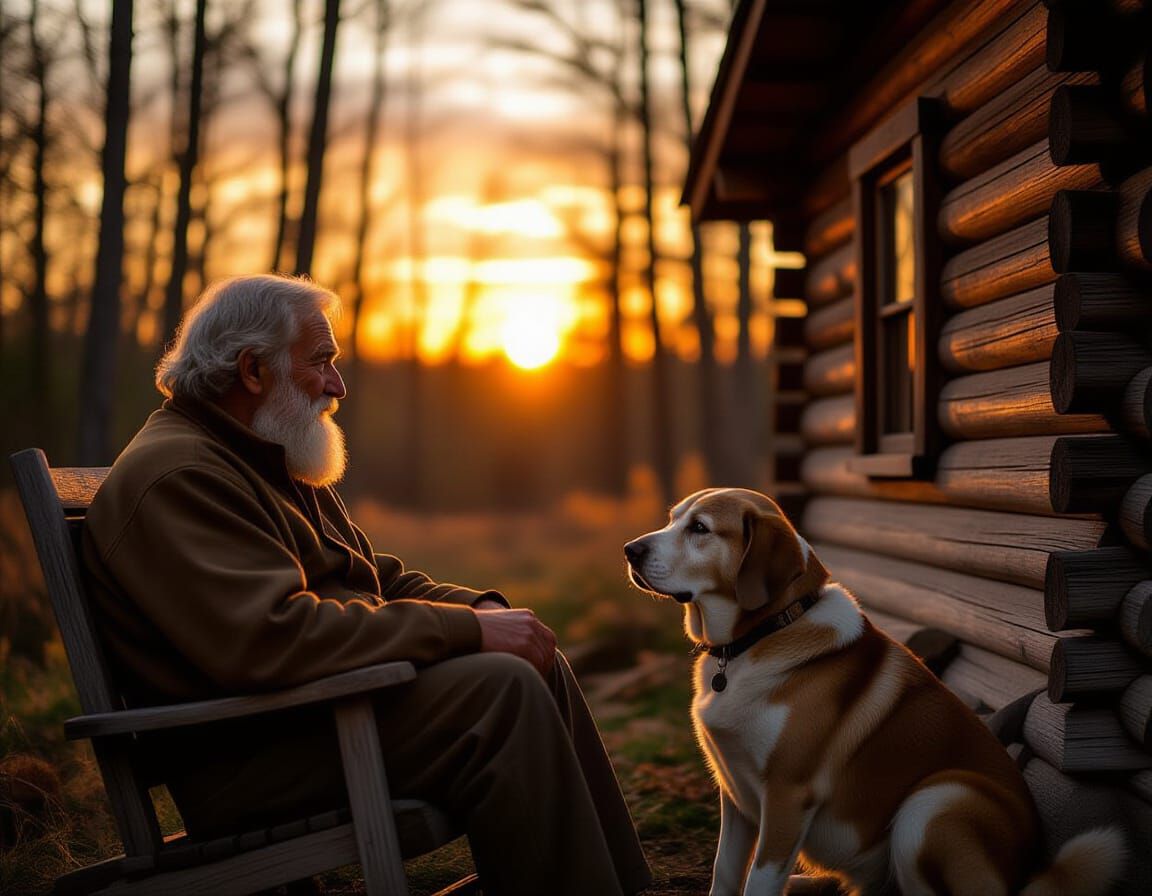 Old Man and Hound Watch Sunset at Forest Cabin