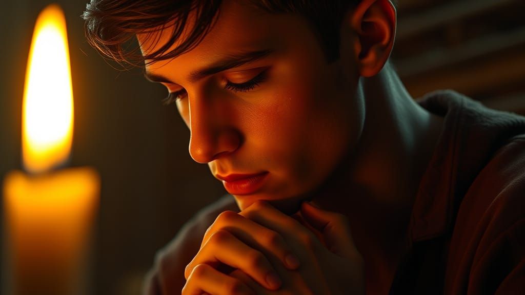 Young Man in Devout Prayer, Illuminated by Candlelight