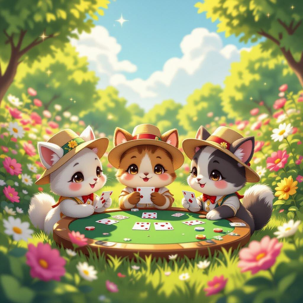 Miniature Animals Play Poker in Lush Garden