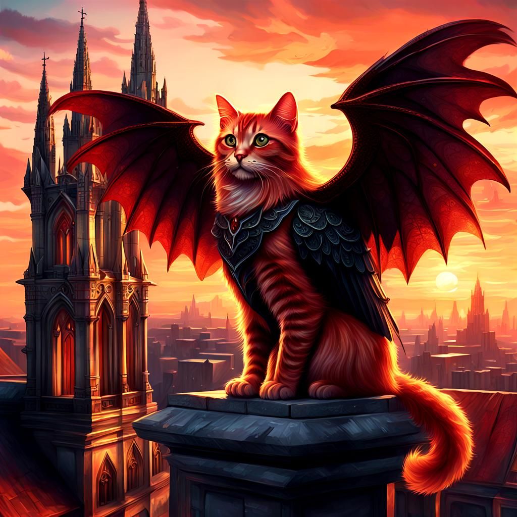 Red Angel Cat on Gothic Cathedral Roof