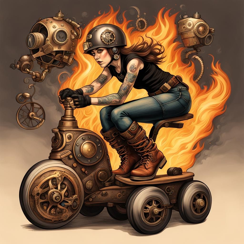 Steampunk Roller Derby Player with Flaming Skates
