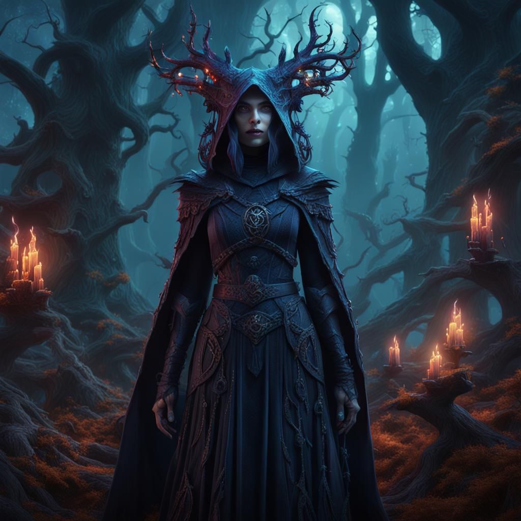Dark Synth Sorceress in Spooky Forest: Matte Painting