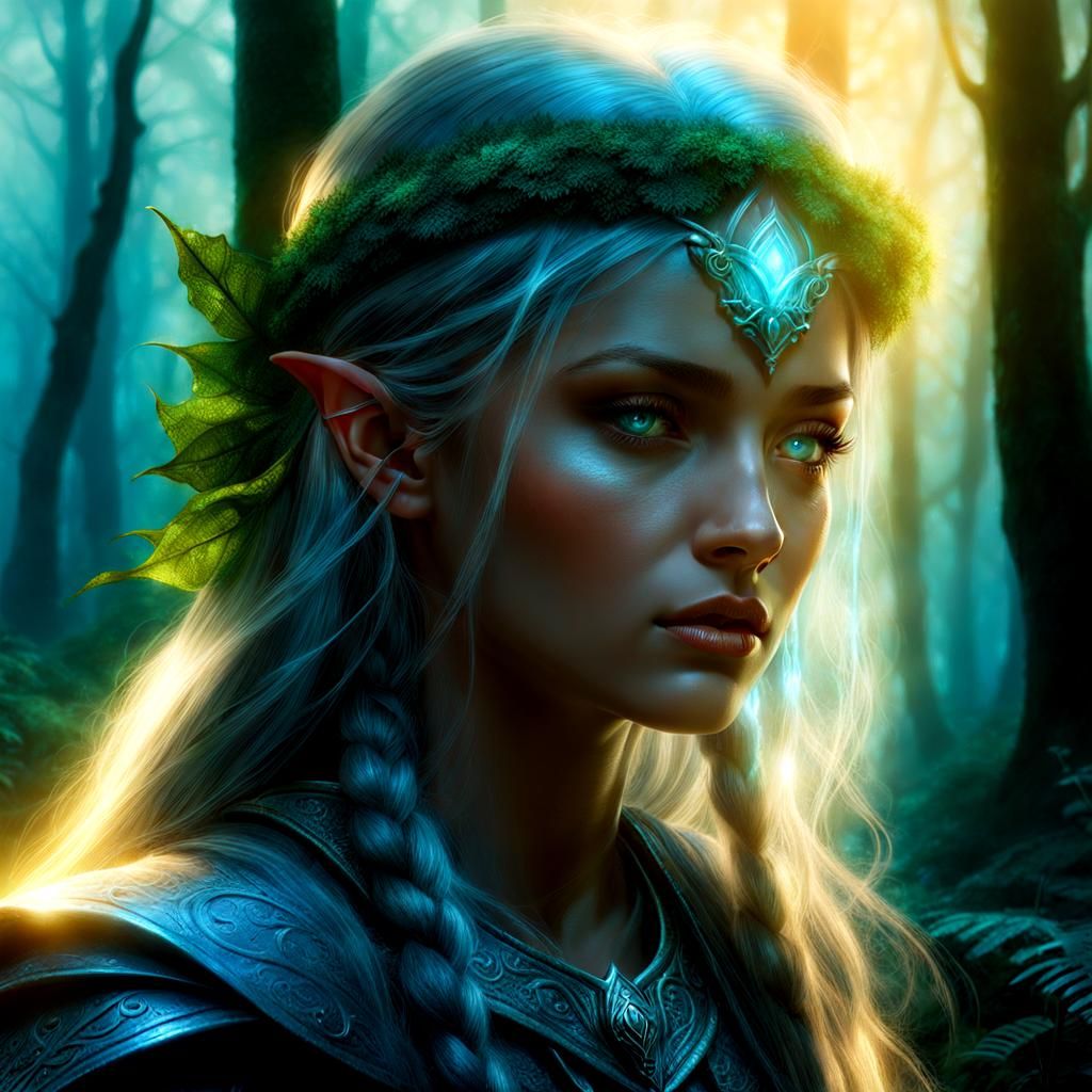 Fantasy Elf Ranger in Bioluminescent Forest