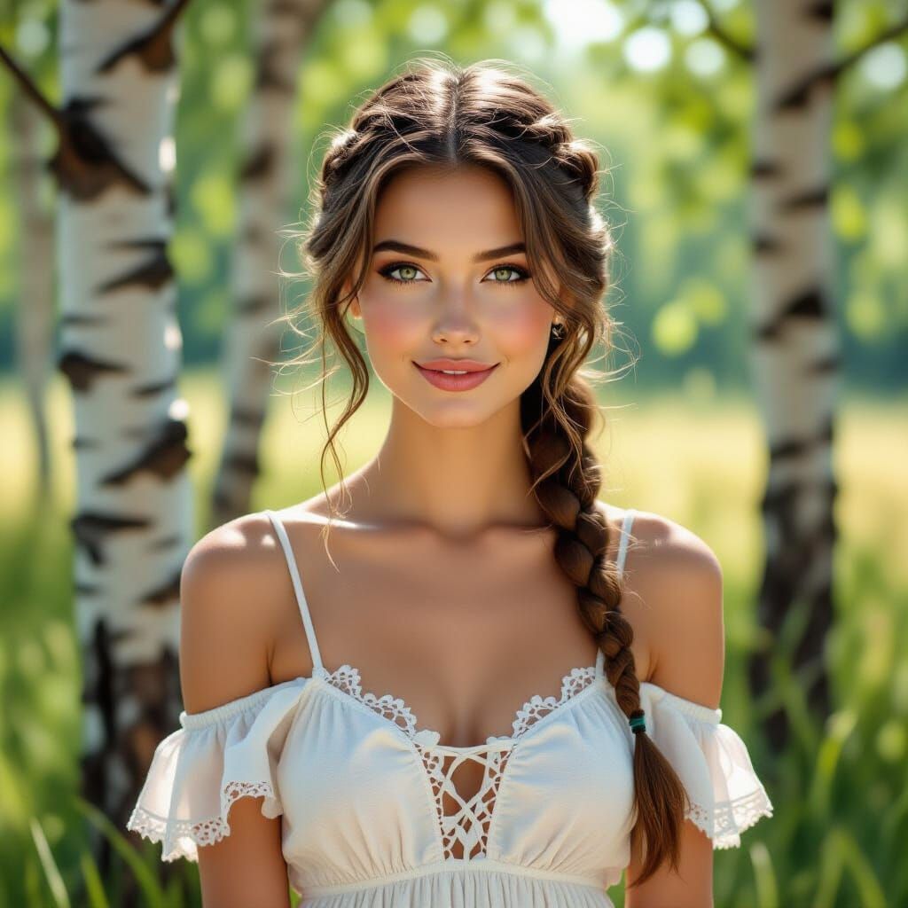 Woman in Birch Forest: Vibrant Oil Painting