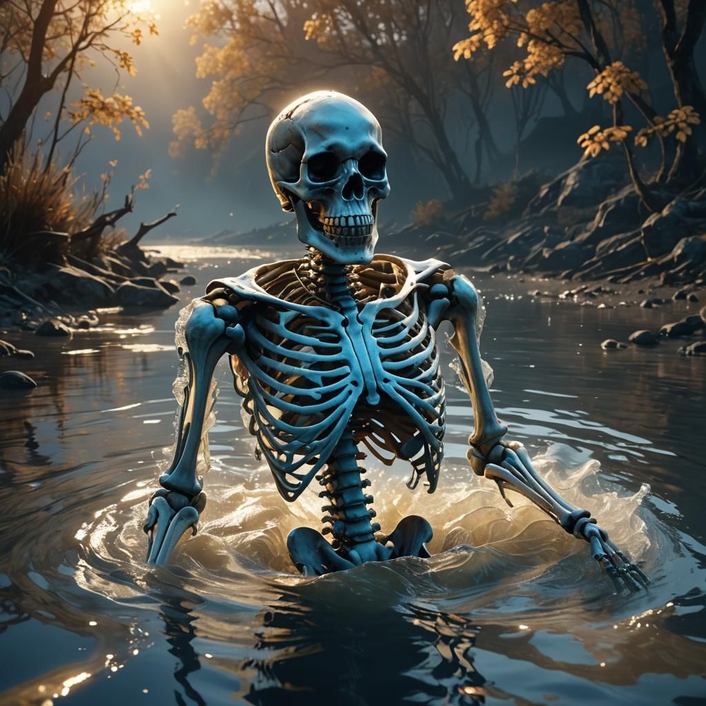 Glowing Skeleton in River: 3D Digital Art