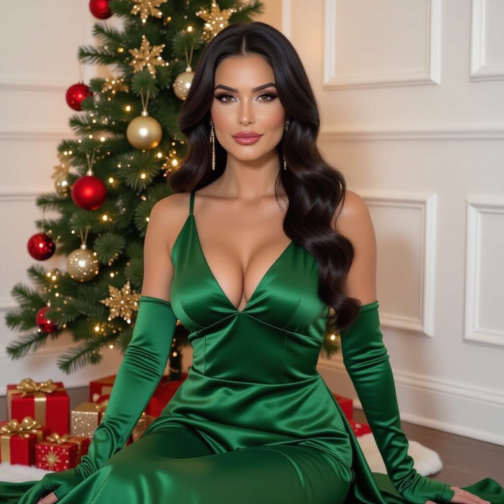 Nyssa Al Ghul in Christmas Dress by Tree