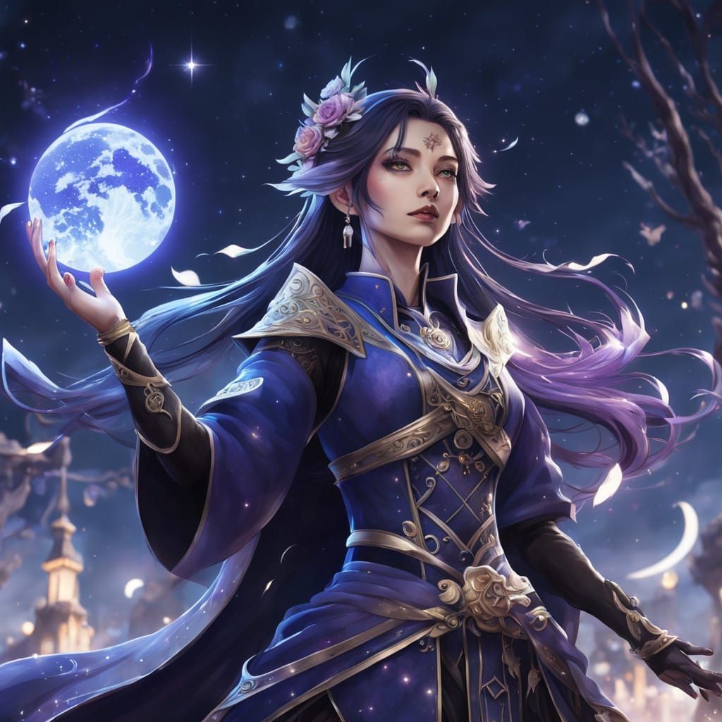 Cosmic Sorceress in a Starry Night Sky