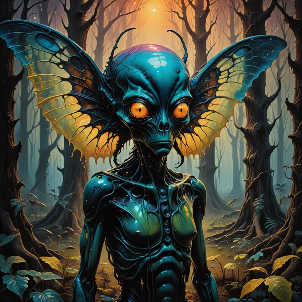 Surreal Alien in Forest as Vibrant Oil Painting