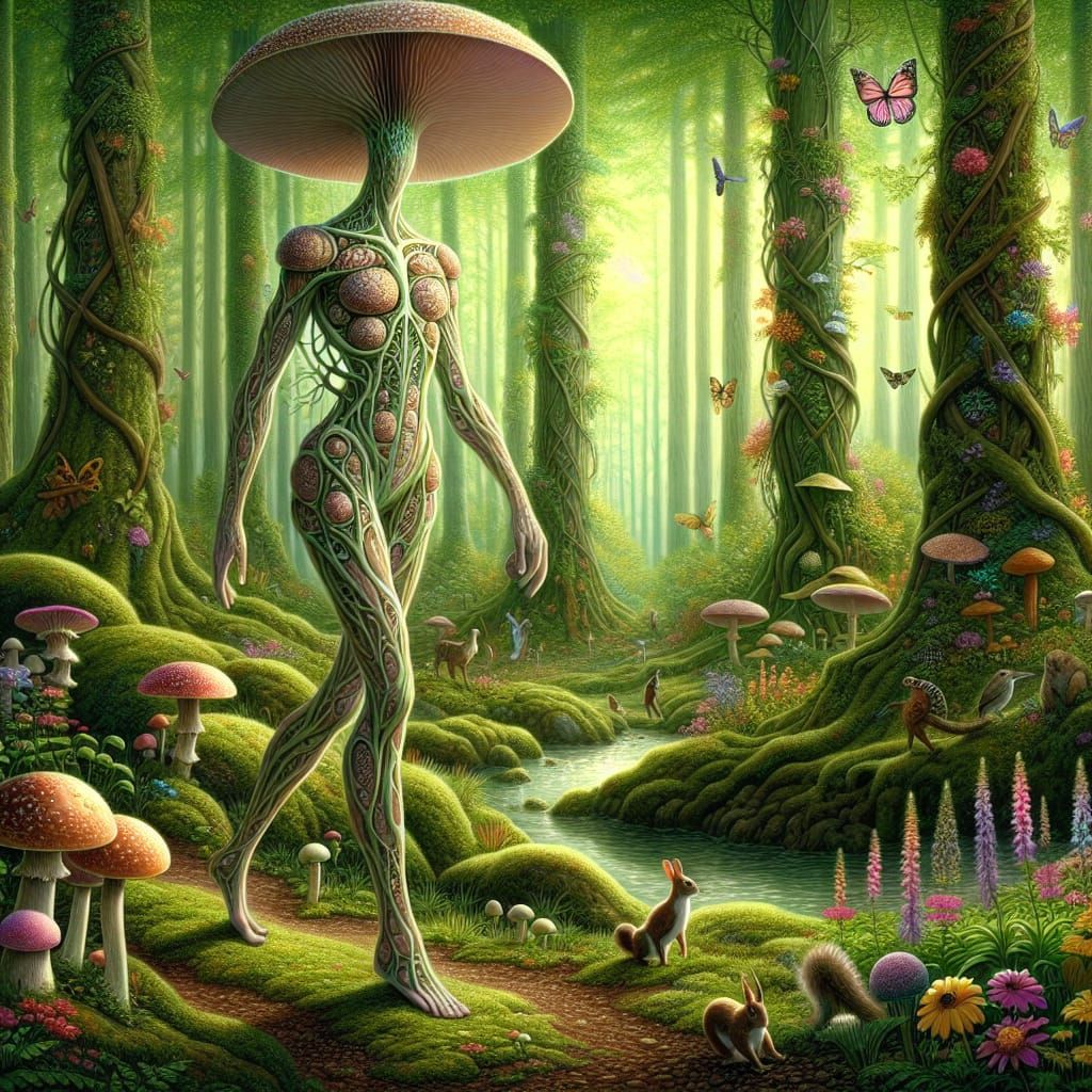 Mushroom Humanoid Strolling Through Verdant Forest