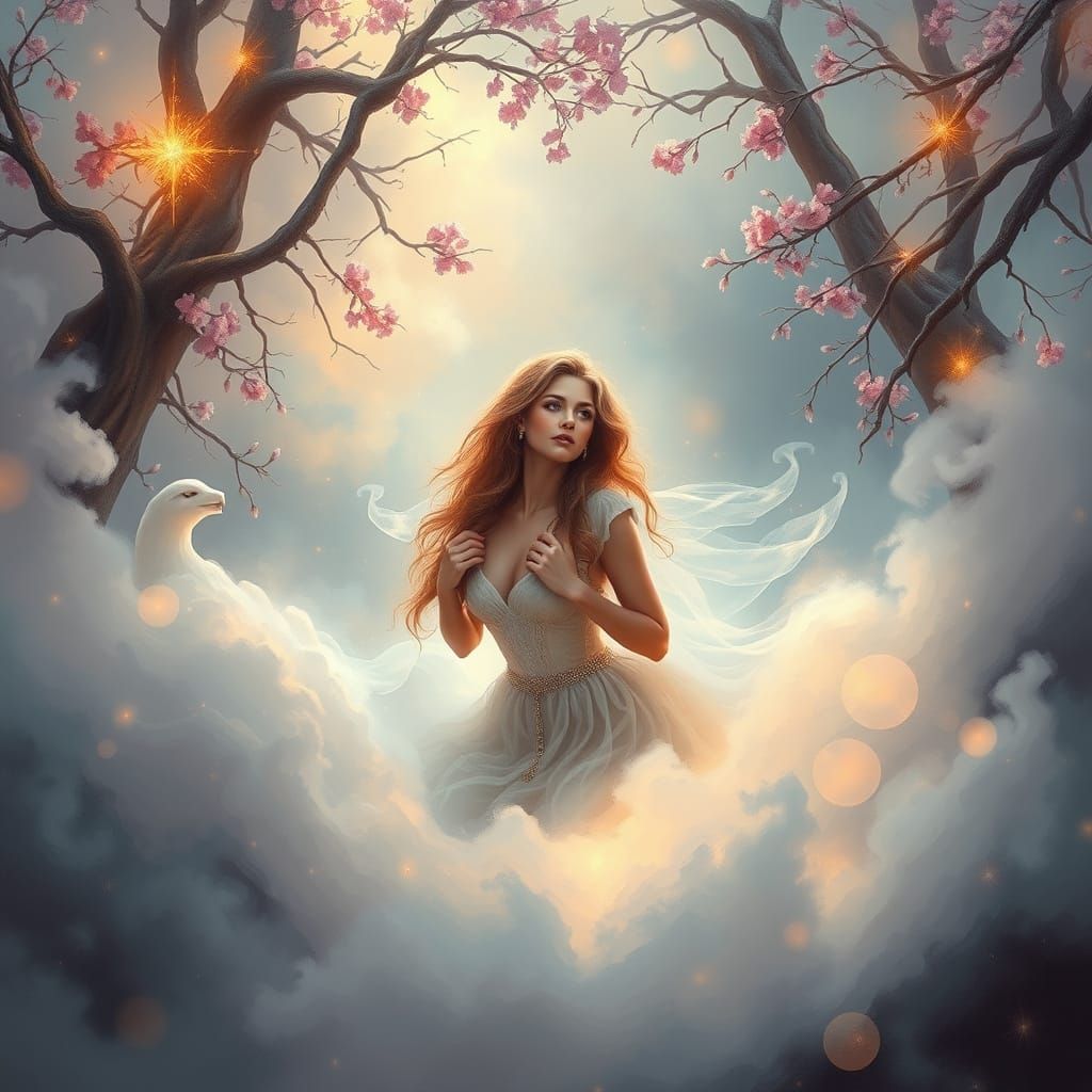 Ethereal Woman in Dreamlike, Realistic Landscape