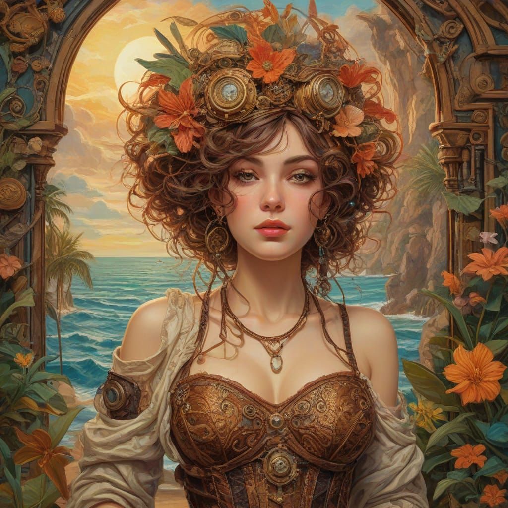 Ethereal Tropical Oasis in Steampunk Art Nouveau Style