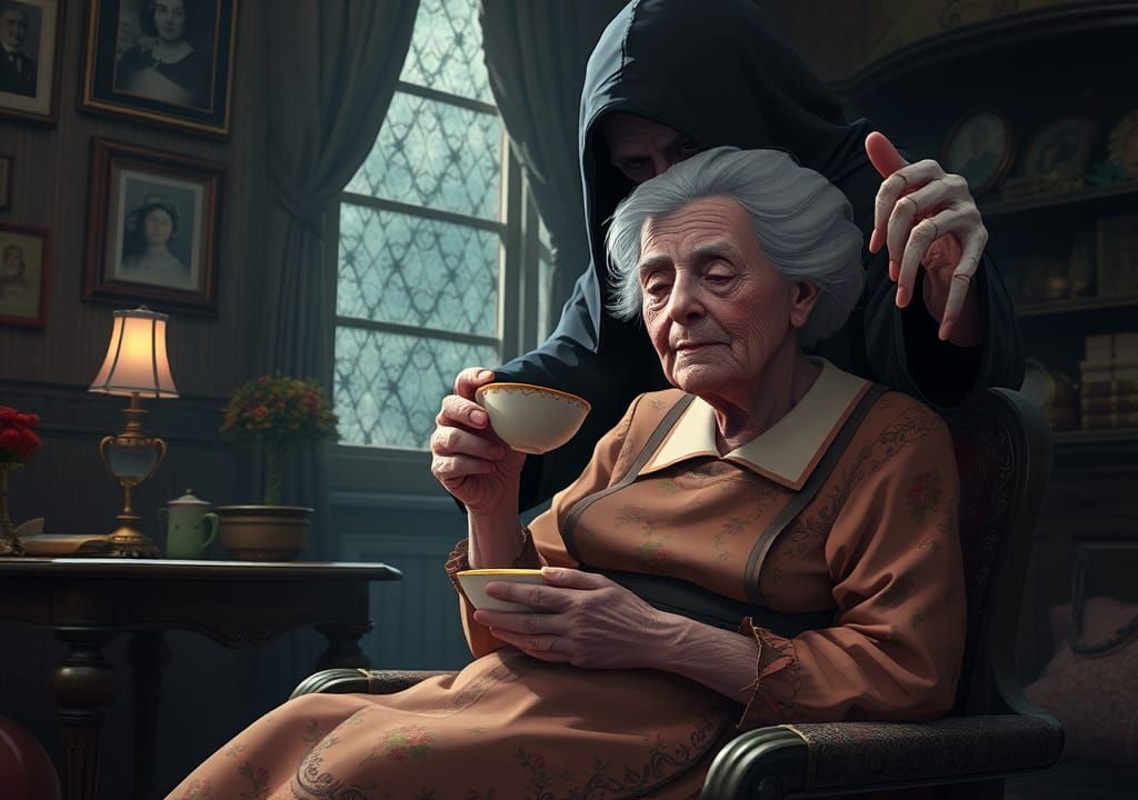 The Grim Reaper stands behind an old lady, waiting as she finishes her tea.