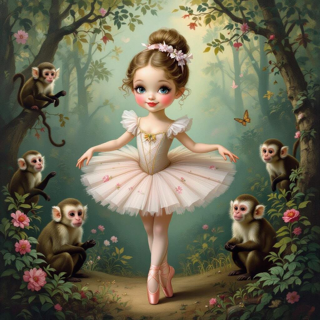 Ballerina and Monkeys in Rococo Style