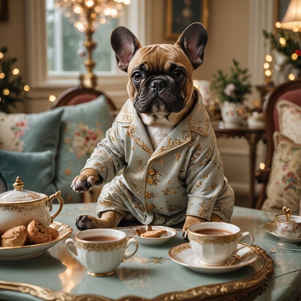 French Bulldog's Cozy Coffee Time: Kinkade-Inspired