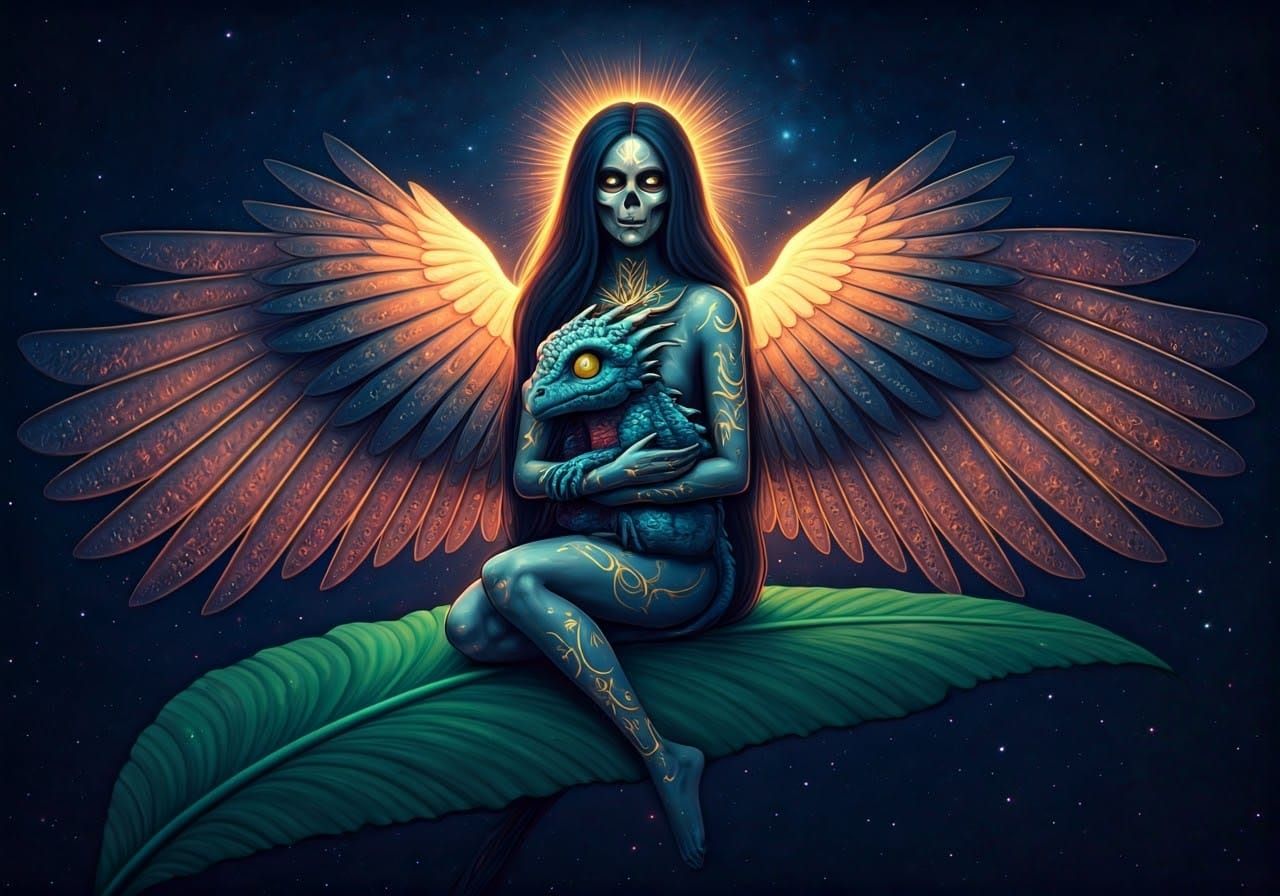 Grim Reaper Cradling Dragon in Moebius Style