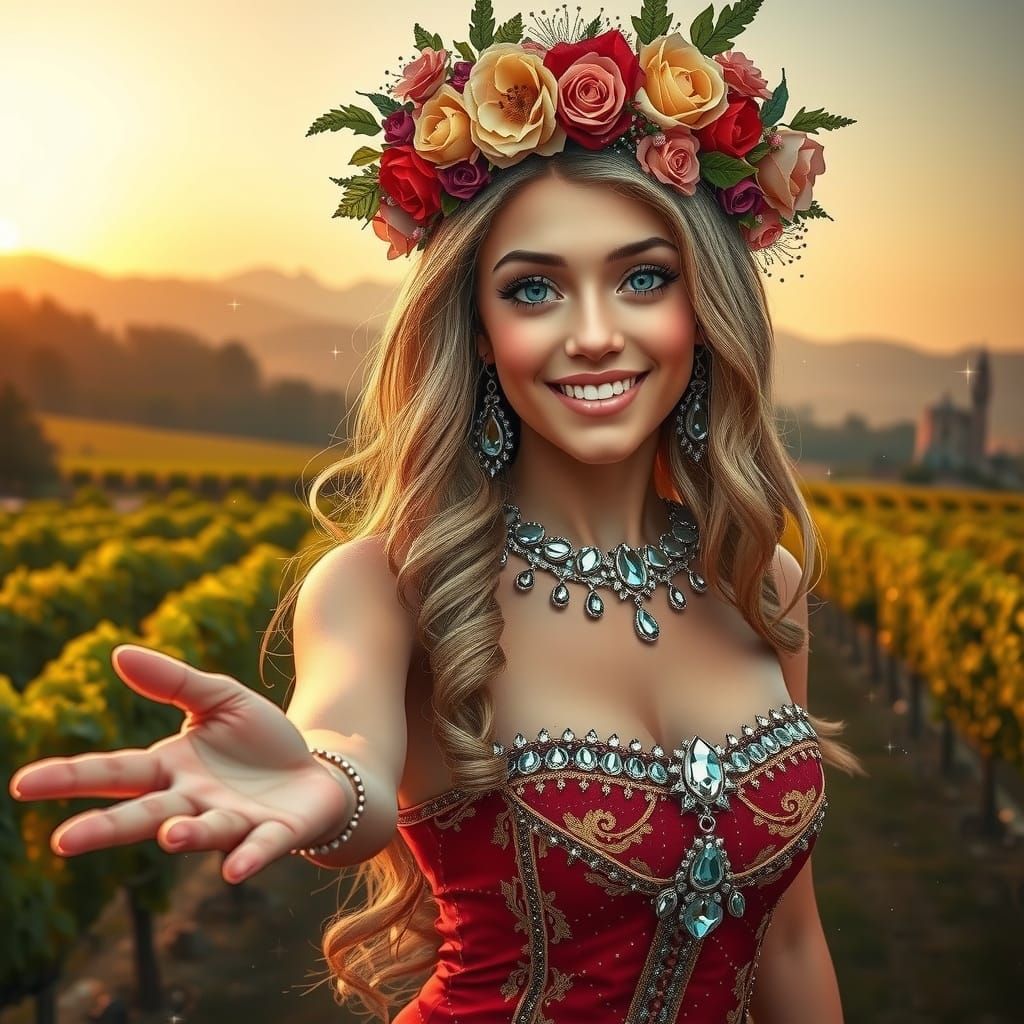 Serene Vineyard Goddess in Lavish Attire