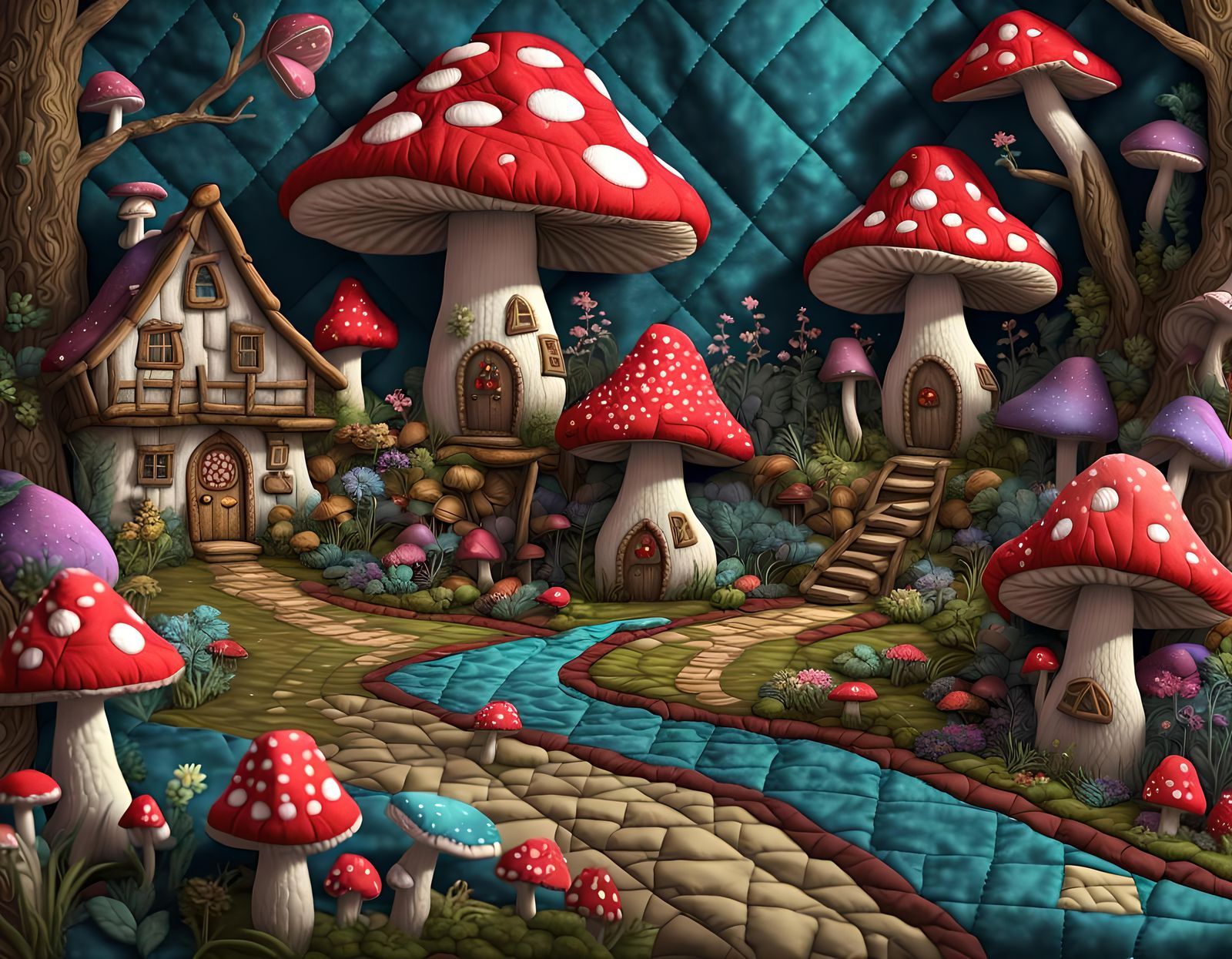 Magical Fairy Village in Quilted 3D Render