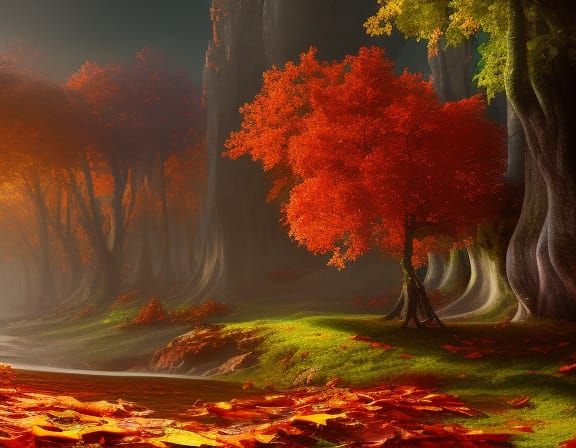 Detailed Autumn Leaves Digital Matte Painting