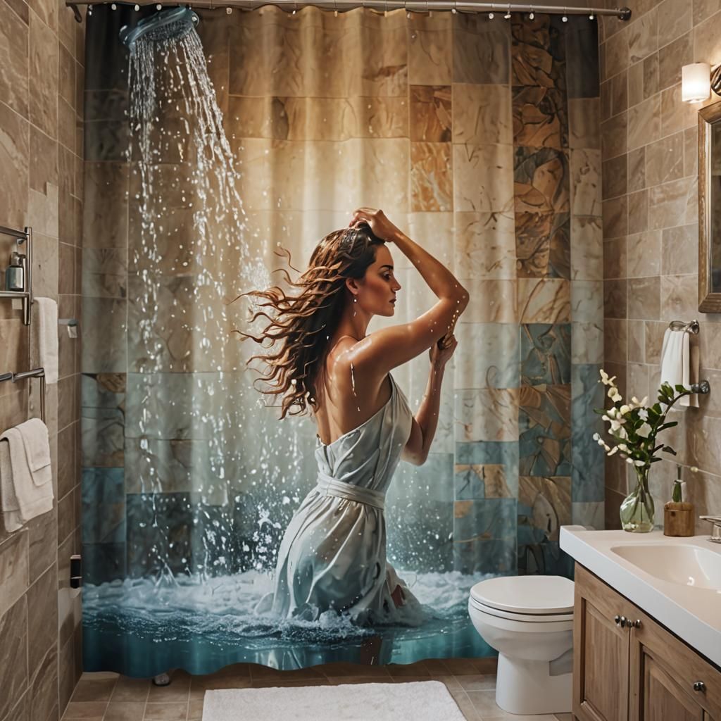 Shower Curtain Art: Woman in Bathroom