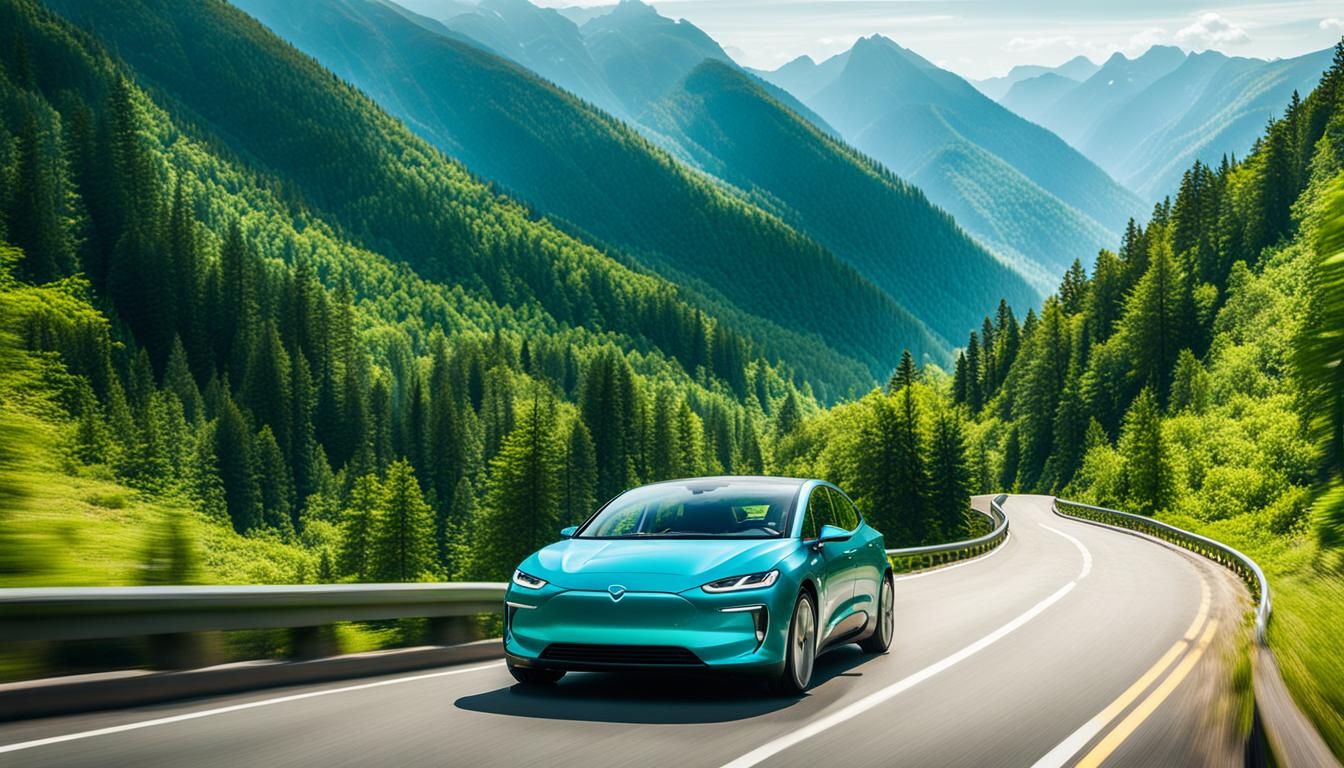 Electric Car on Verdant Mountain Road