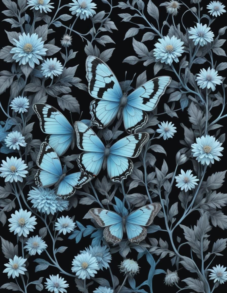 Blue & Black Monochromatic Line Art Drawing, Flowers