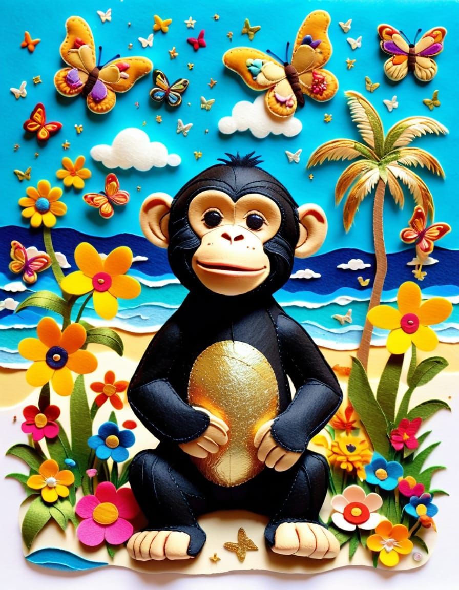 Felt Art Chimpanzee Enjoys Colorful Beach Holiday