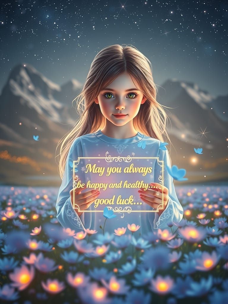 Ethereal Hologram Girl in Mountain Spring Landscape