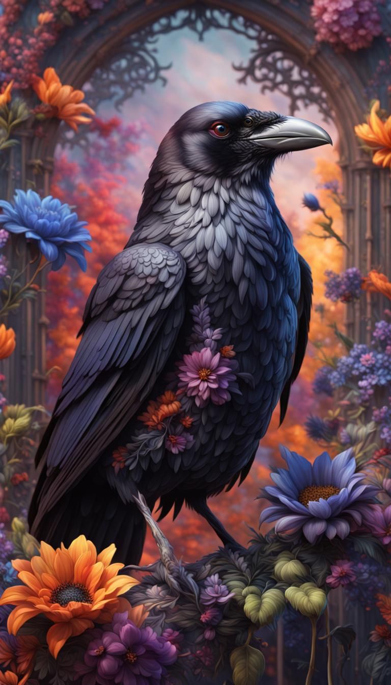 Raven with Floral Background in Detailed Matte Painting