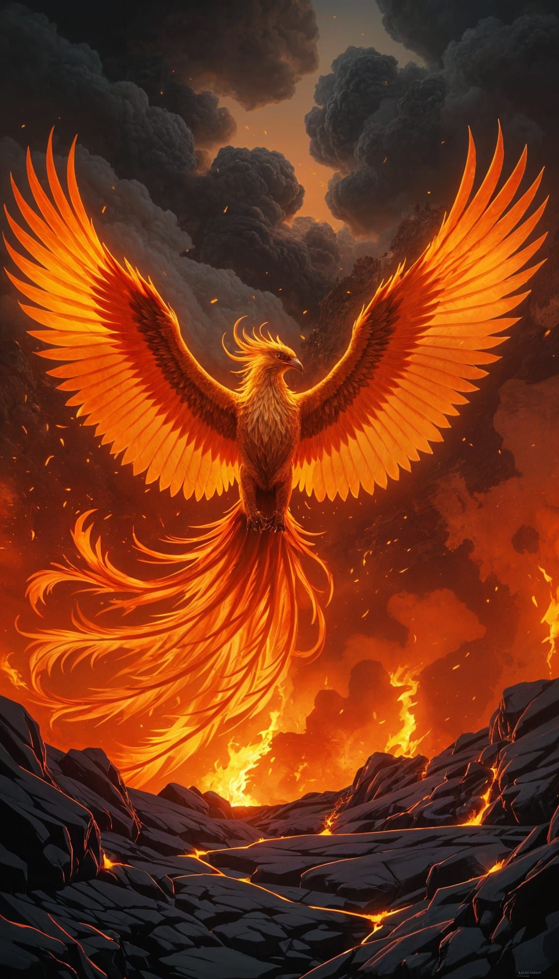 Ancient Phoenix Rising from Volcano Flames