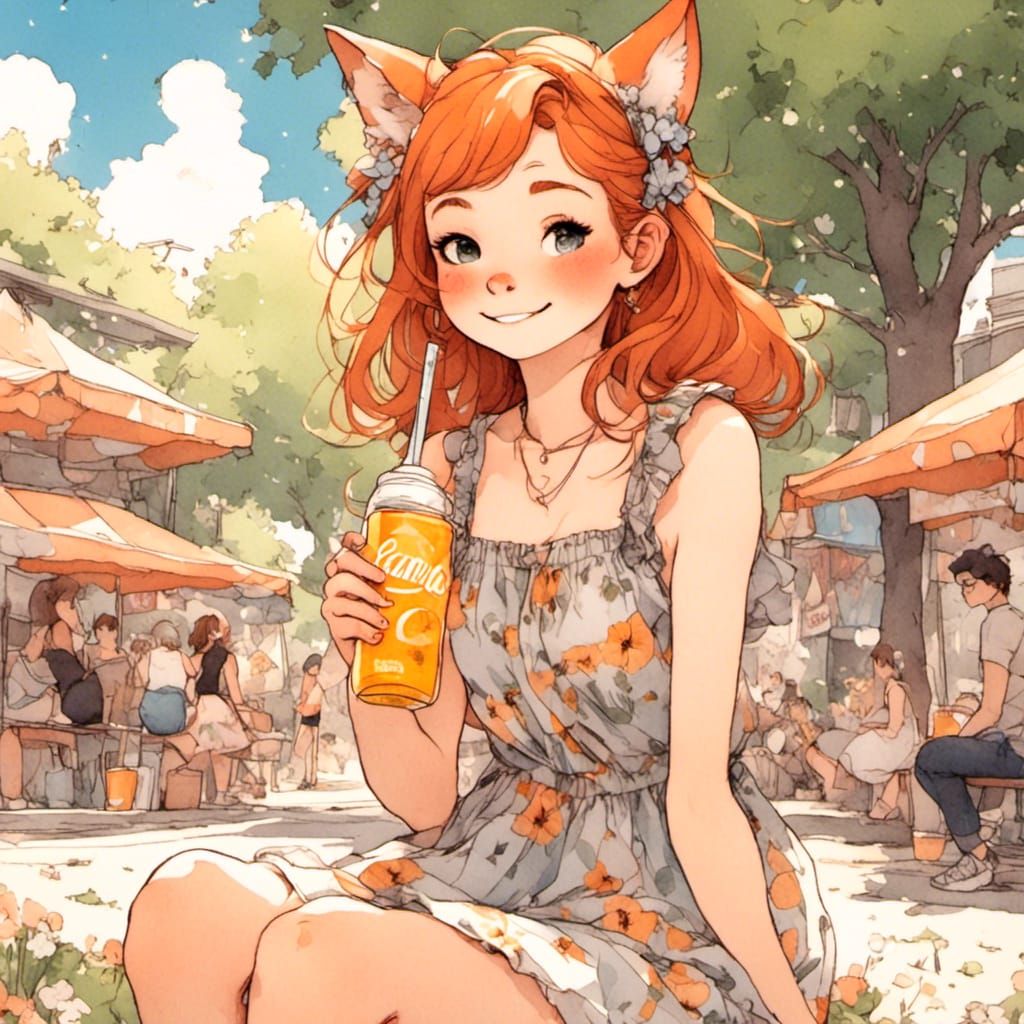 Fox-girl VIXEN freckles across her nose, smiling, wearing floral print sun dress and cute sneakers in a sunny city park,...