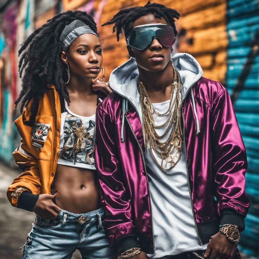 Hip-Hop Fashion Couple in a Vibrant Scene
