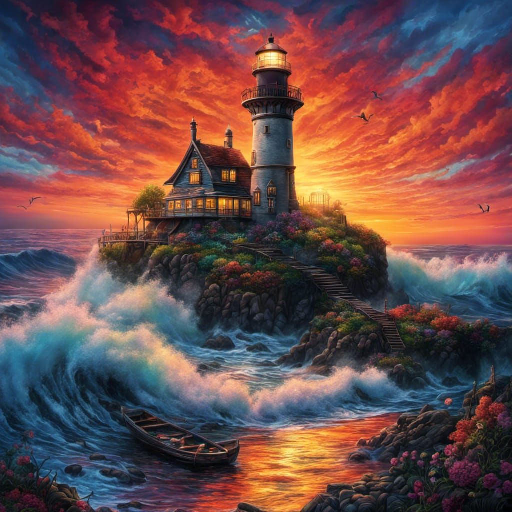 Colorful Gothic Lighthouse at Sunset in Graffiti Art Style